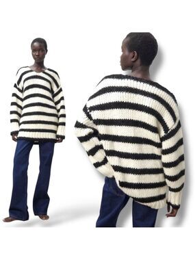 ZARA Black & White Vee Neck Pullover Sweater with Wool & Alpaca US Sz M